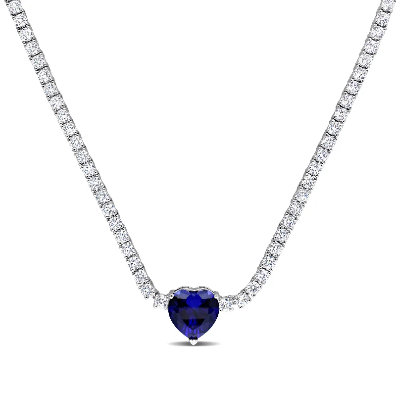 Tiered strand necklaces-18 CT TGW Heart Shaped Created Blue Sapphire and Created White Sapphire Tennis Necklace in Sterling Silver