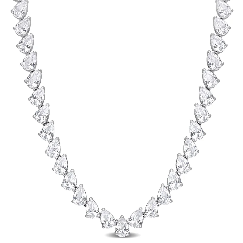 Lustrous gold necklaces-39 1/2 CT TGW Created White Sapphire Teardrop Tennis Necklace in Sterling Silver