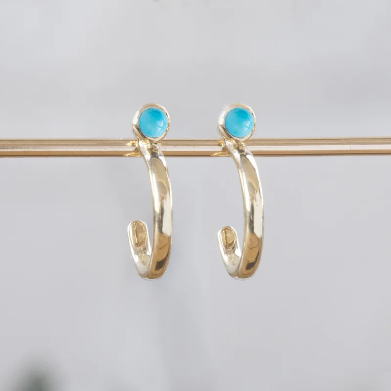 Tiny star earrings-Custom Turquoise Birthstone Hoop Earrings | 14K Yellow Gold