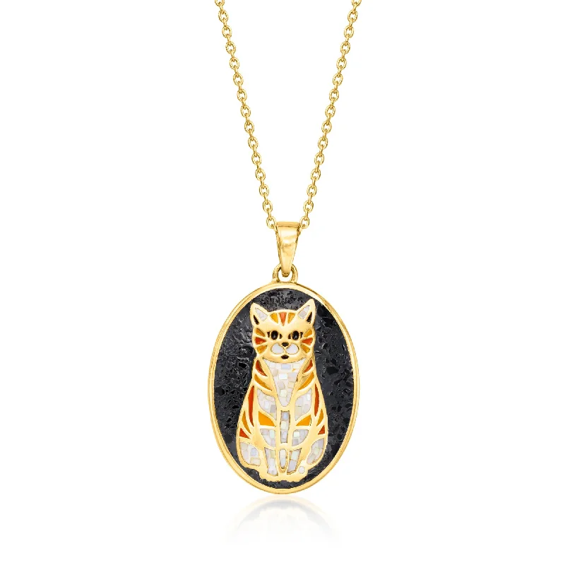 Chic art necklaces-Ross-Simons Mother-Of-Pearl, Onyx and Orange Enamel Cat Mosaic Pendant Necklace in 18kt Gold Over Sterling