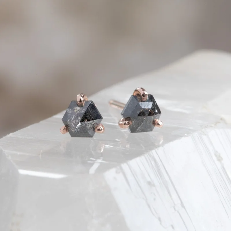 Silk tassel earrings-The Teensy Black Diamond Hexagon Stud Earrings | 14K Rose Gold