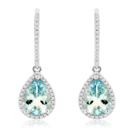 Retro clip earrings-14K White Gold Pear Cut 2.10cttw Aquamarine & 0.22cttw Diamond Earrings