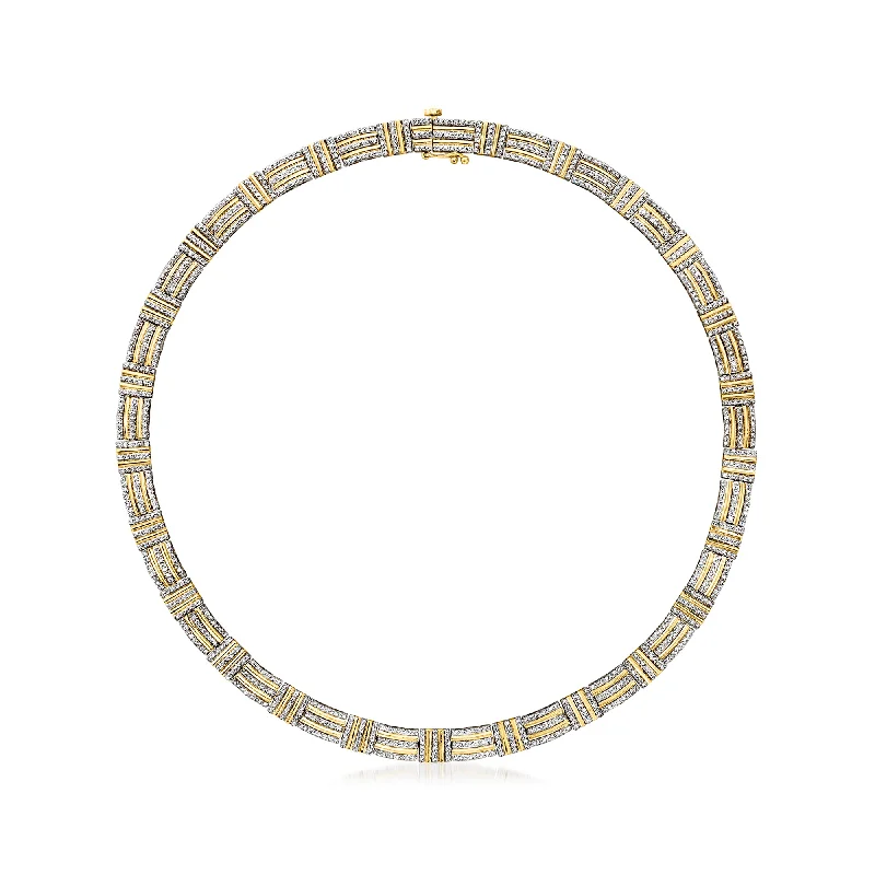 Glossy bead necklaces-Ross-Simons Diamond Striped-Link Collar Necklace in 18kt Gold Over Sterling