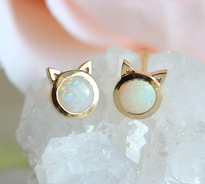 Amethyst stud earrings-Gold Opal Earrings, Cat Earring Studs Kitten Earrings