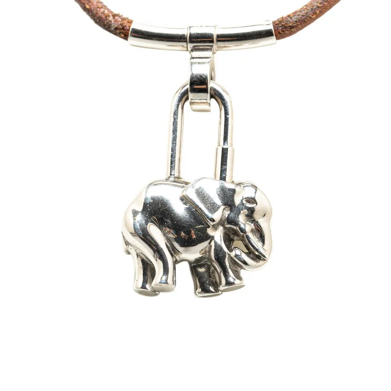 Oak wood necklaces-Hermes Elephant Cadena Necklace Silver Brown Metal Leather