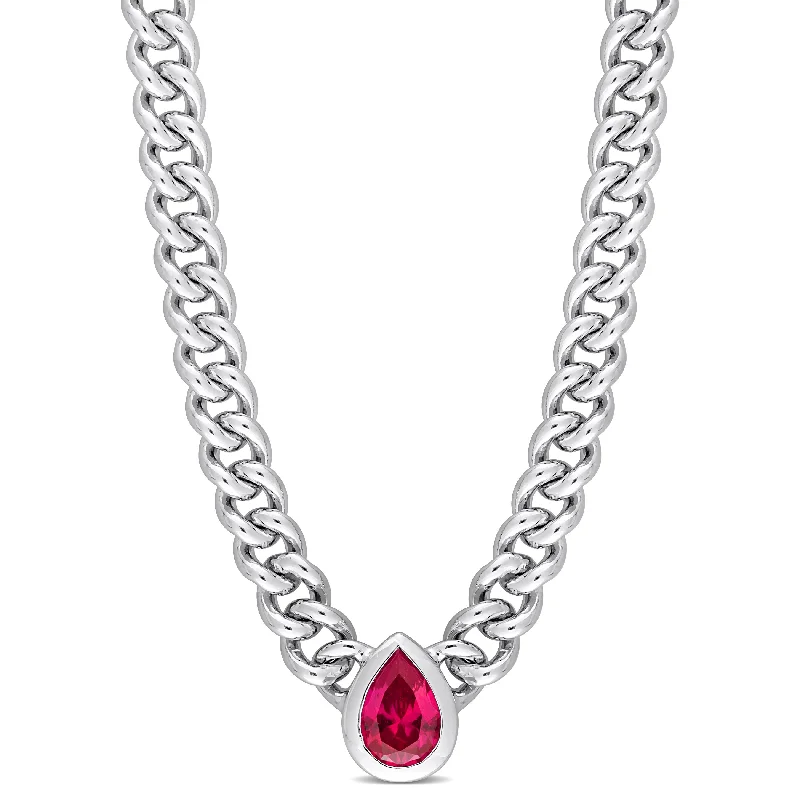 Stranded link necklaces-Mimi & Max 1 1/7 CT TGW Pear Created Ruby Curb Link Chain Necklace in Sterling Silver