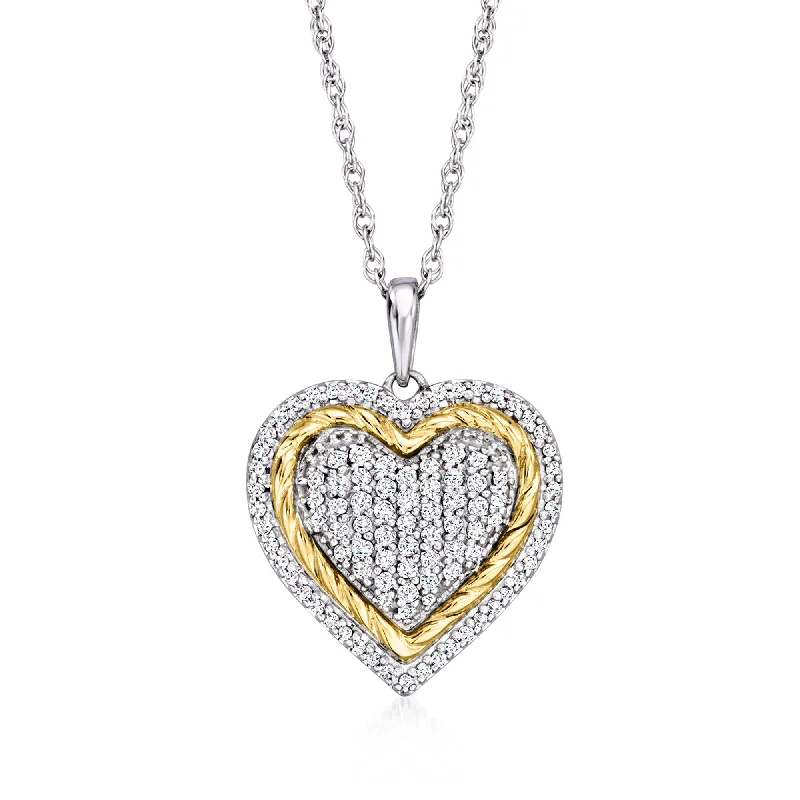 Deep bib necklaces-Ross-Simons Pave Diamond Roped Heart Pendant Necklace in Sterling Silver With 14kt Yellow Gold