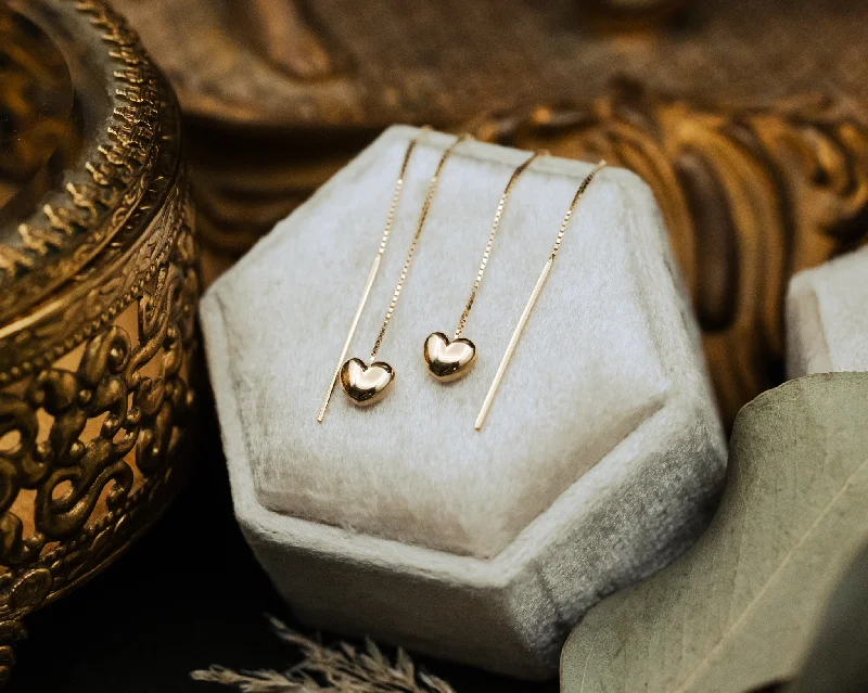 Tapered drop earrings-PUFFY HEART THREADER EARRINGS IN 14K YELLOW GOLD