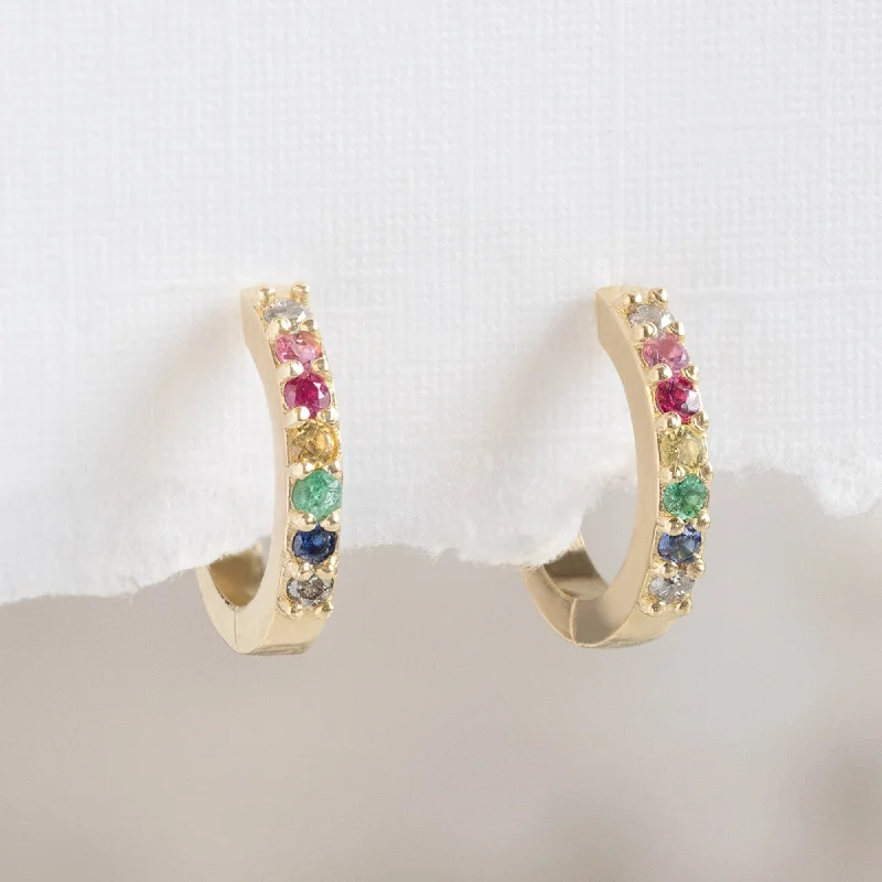 Woven fiber earrings-The Rainbow Sapphire Pavé Huggie Hoops | 14K Yellow Gold