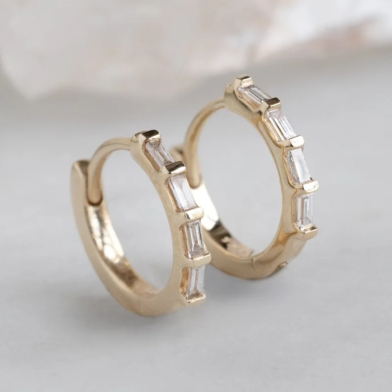 Tapered drop earrings-The Baguette White Diamond Huggie Hoops | 14K Yellow Gold