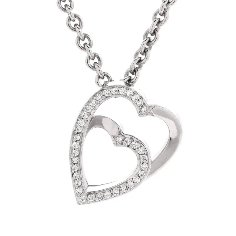 Deep bib necklaces-Double Heart Pendant Necklace 18K White Gold with Diamonds