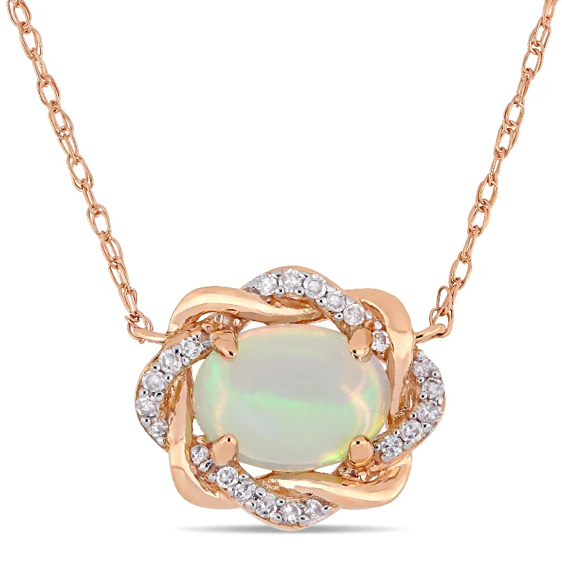 Elite diamond necklaces-3/4 CT TGW Ethiopian Blue Opal and 1/10 CT TW Diamond Interlaced Halo Necklace 10K Rose Gold