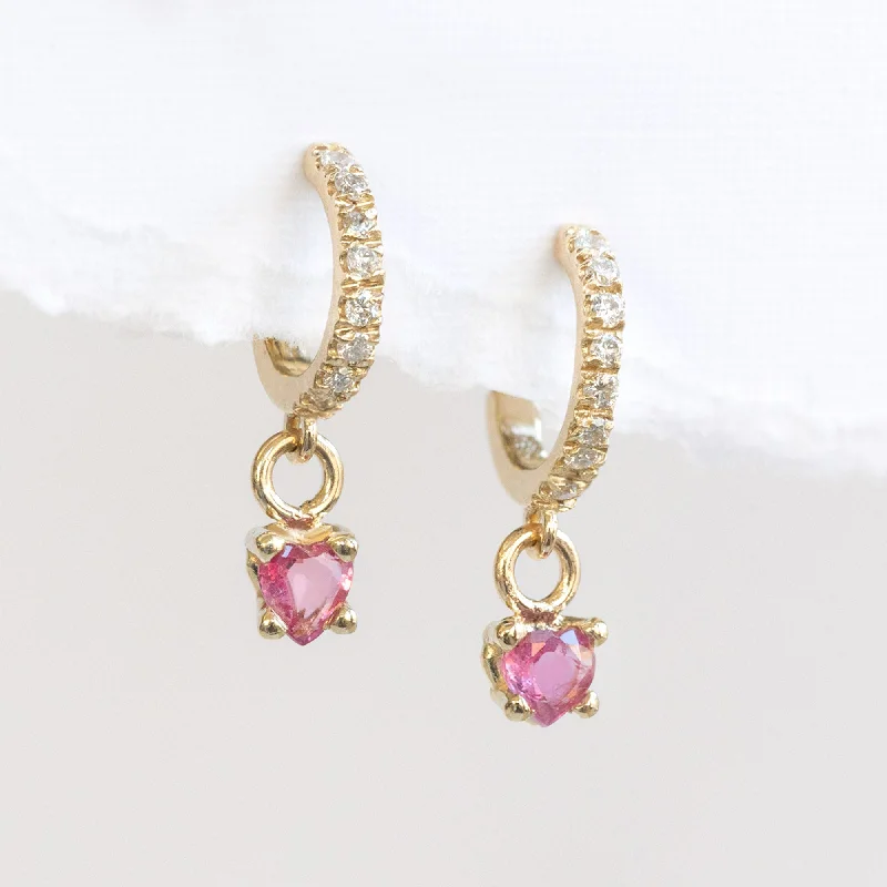 Bright pearl earrings-The Ruby Heart + Diamond Huggie Studs | 14K Yellow Gold