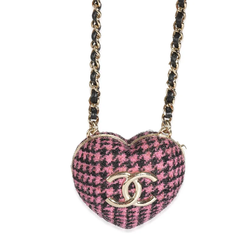 Raven feather necklaces-Gold Plated Chanel 2022 Tweed Heart Locket Necklace