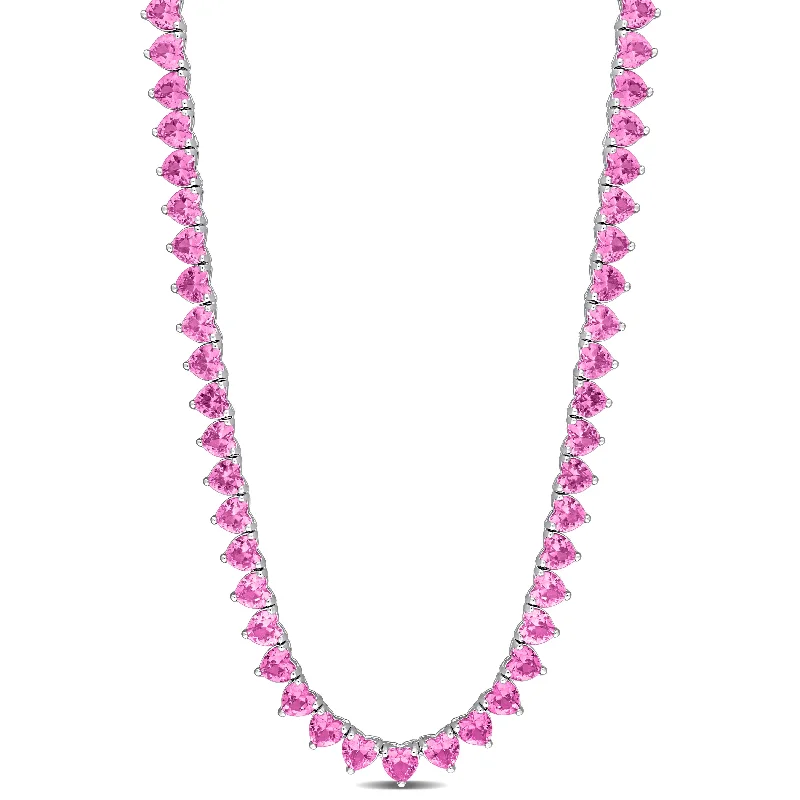 Bold stone necklaces-Mimi & Max 31-1/5ct TGW Heart-Cut Created Pink Sapphire Tennis Necklace in Sterling Silver - 18 in.