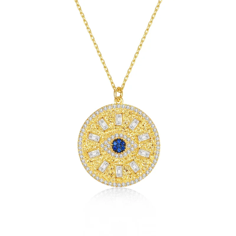 Hope charm necklaces-14k Gold Plated with Blue Sapphire & Diamond Cubic Zirconia Mandala Medallion Pendant Necklace