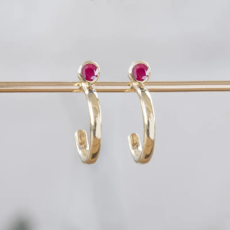 Multi-drop earrings-Custom Ruby Birthstone Hoop Earrings | 14K Yellow Gold