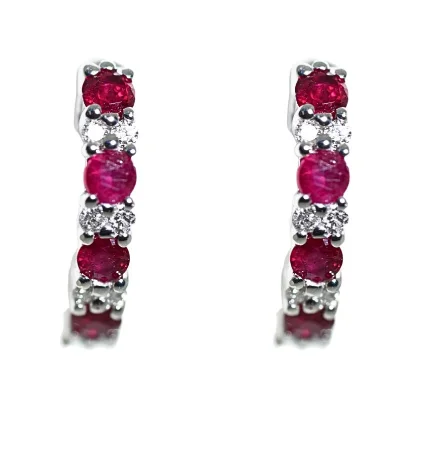 Graceful design earrings-14K White Gold 0.41cttw Ruby & 0.08cttw Diamond Hinged Hoop Earrings