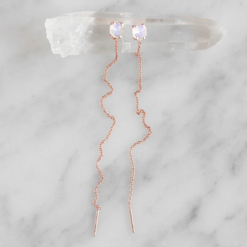 Wide tier earrings-The Hexagon Moonstone Thread Earrings | Rose Gold Filled