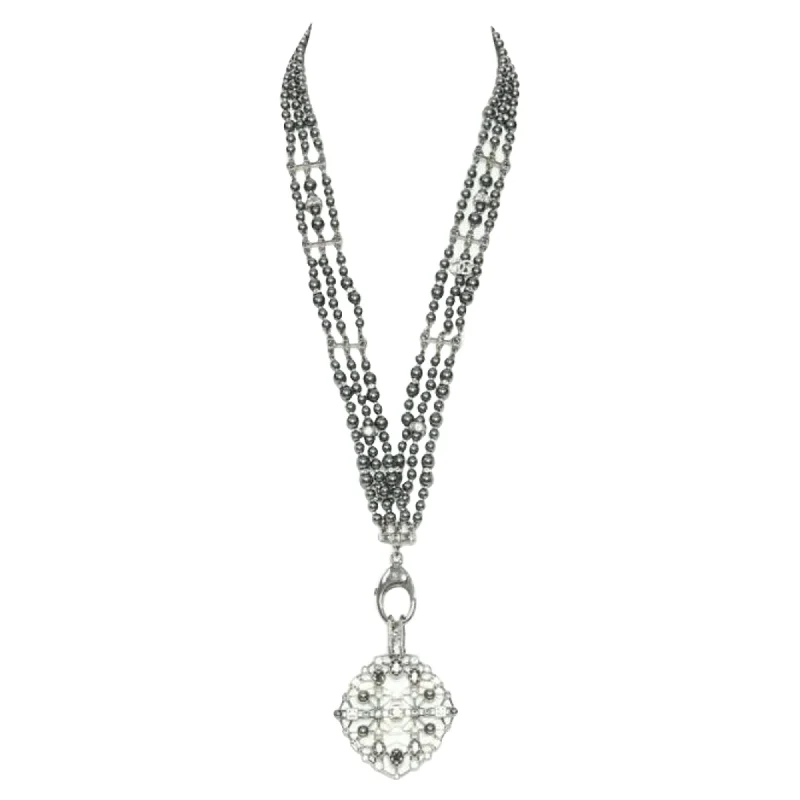 Clear gem necklaces-Chanel triple strand pearl strass crystal clasp CC pendant necklace