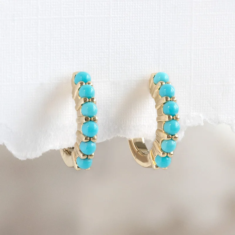 Slim rose earrings-The Turquoise Huggie Hoop Earrings | 14K Yellow Gold