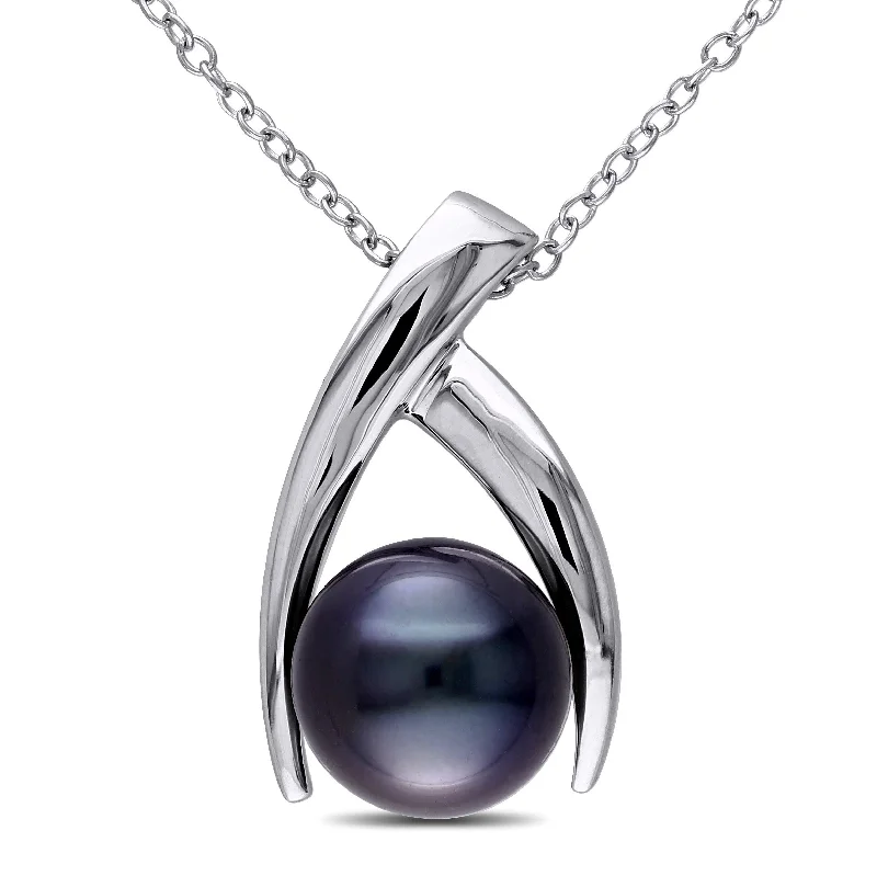 Woven cord necklaces-Mimi & Max 9.5-10mm Black Tahitian Pearl Crisscross Necklace in Sterling Silver