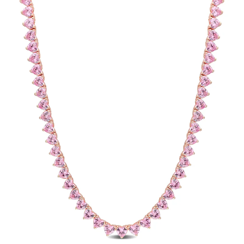 Twisted thread necklaces-31 1/2 CT TGW Heart Created Pink Sapphire Tennis Necklace in Rose Plated Sterling Silver