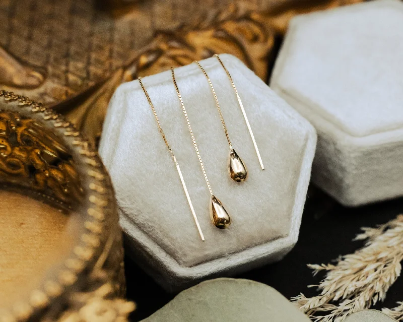 Warm clay earrings-MINI TEARDROP THREADER EARRINGS IN 14K YELLOW GOLD