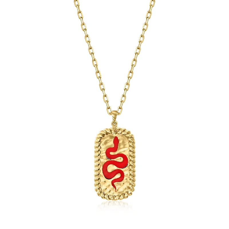 Flexible cord necklaces-Ross-Simons Red Enamel and 18kt Gold Over Sterling Snake Pendant Necklace