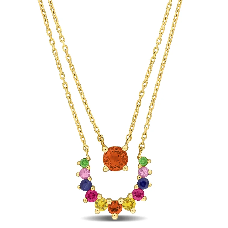 Sapphire drop necklaces-Mimi & Max 1ct TGW Multi-Color Sapphire and Tsavorite Double Layered Necklace in 10k Yellow Gold - 17 in