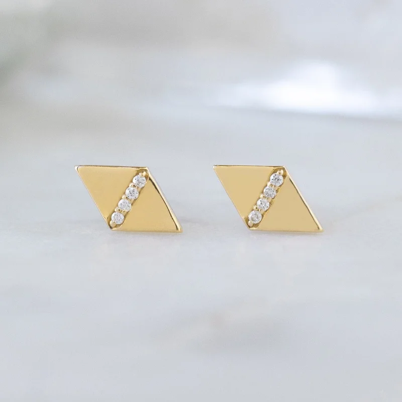 Warm wood earrings-The Geometric White Diamond Pavé Studs | 14K Yellow Gold