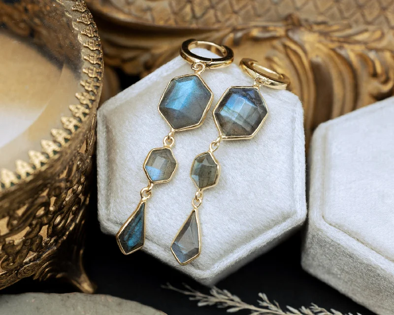 Fine threader earrings-GEO COLLECTION - 18K GOLD VERMEIL TRIPLE DANGLE EARRINGS FEATURING LABRADORITE - BY JORGE REVILLA