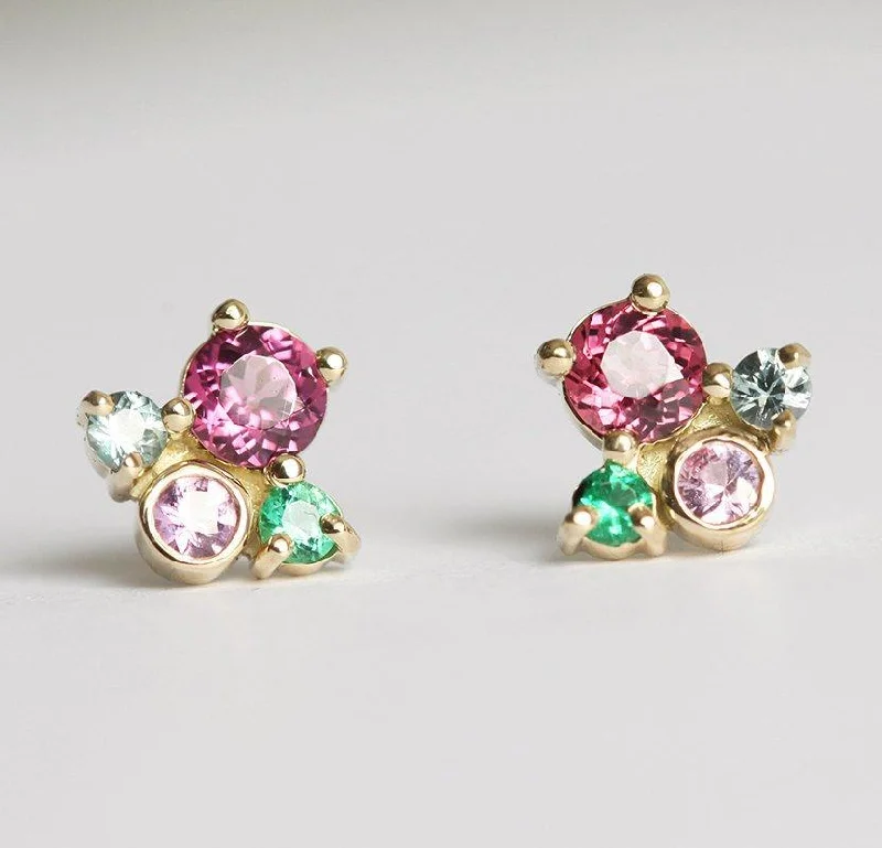 Sapphire stud earrings-Pink Sapphire And Emerald Cluster Stud Earrings