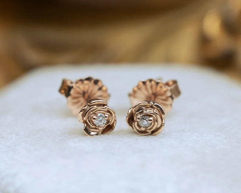 Fine stud earrings-PETITE ROSE EARRINGS ACCENTED WITH NATURAL DIAMONDS