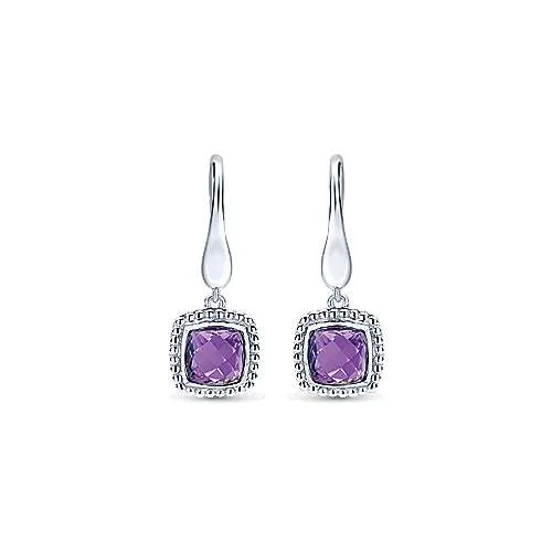 Flow drop earrings-Sterling Silver Earrings with Cushion Cut Amethyst Drops by Gabriel