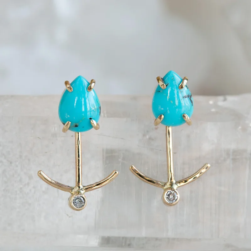 Whimsical pair earrings-The Turquoise Stud + Diamond Ear Jackets | 14K Yellow Gold