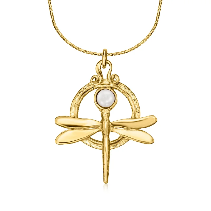 Round pendant necklaces-Ross-Simons 4.5-5mm Cultured Pearl Dragonfly Pendant Necklace in 18kt Gold Over Sterling