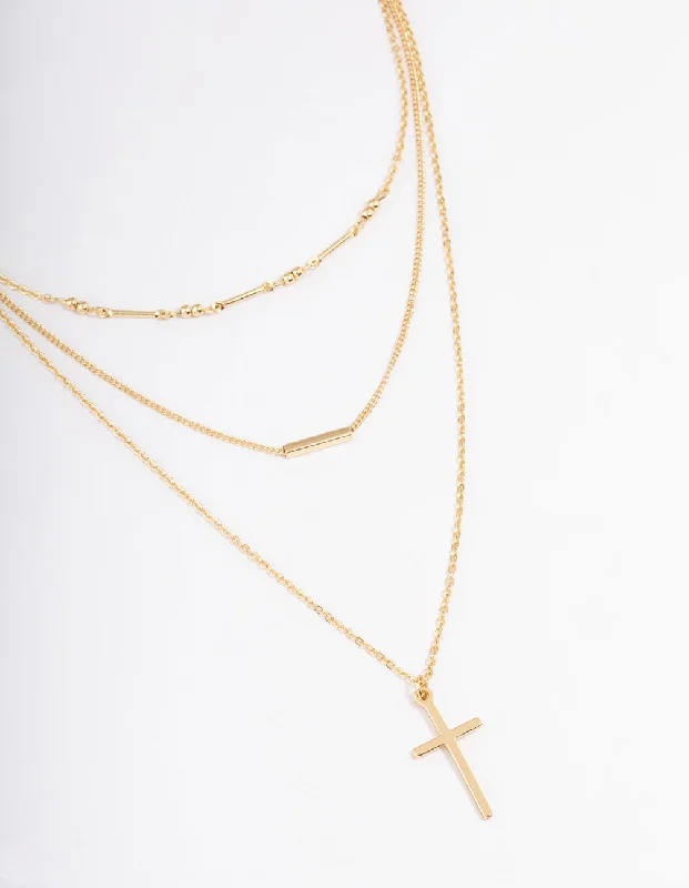 Lasso-style necklaces-Gold Plated Layer Bar & Cross Necklace