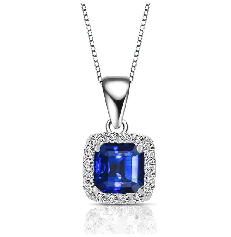 Whimsical bead necklaces-Sterling Silver with Colored Cubic Zirconia Asscher Cut Square Framed Drop Pendant Necklace