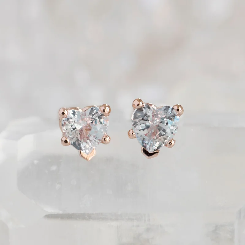 Solid hoop earrings-The White Sapphire Gemstone Heart Stud Earrings | 14K Rose Gold