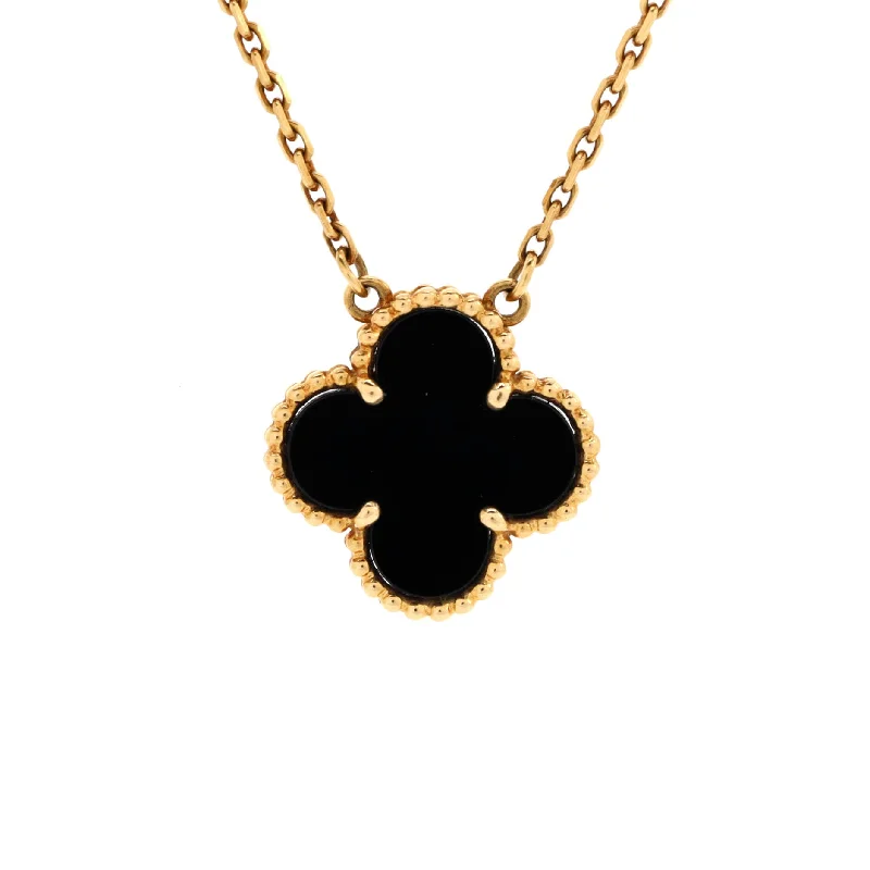 Mystic eye necklaces-Vintage Alhambra Pendant Necklace 18K Yellow Gold and Onyx