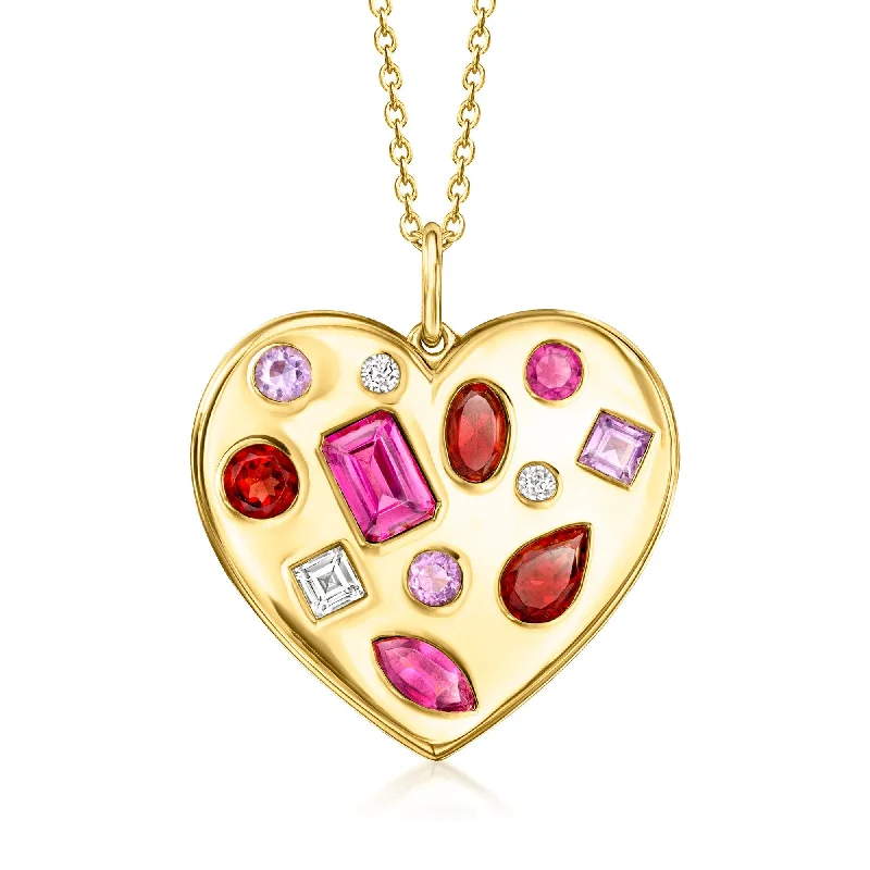 Amethyst necklaces-Ross-Simons Multi-Gemstone Heart Pendant Necklace in 18kt Gold Over Sterling