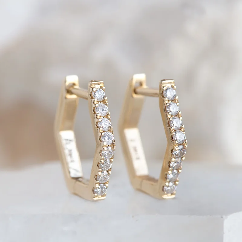 Stone weave earrings-The White Diamond Pavé Hexagon Hoops | 14K Yellow Gold