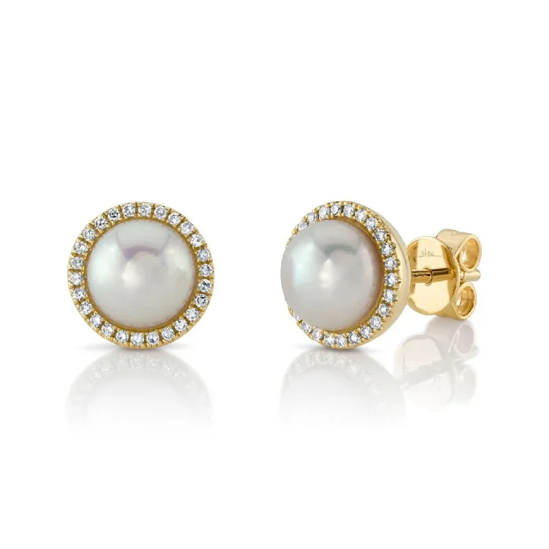 Light texture earrings-DIAMOND & CULTURED PEARL STUD EARRING