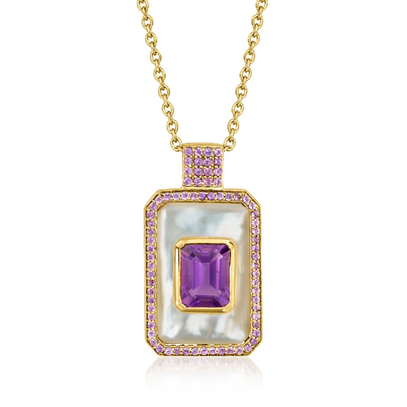 Agate stone necklaces-Ross-Simons Mother-Of-Pearl and Amethyst Pendant Necklace in 18kt Gold Over Sterling