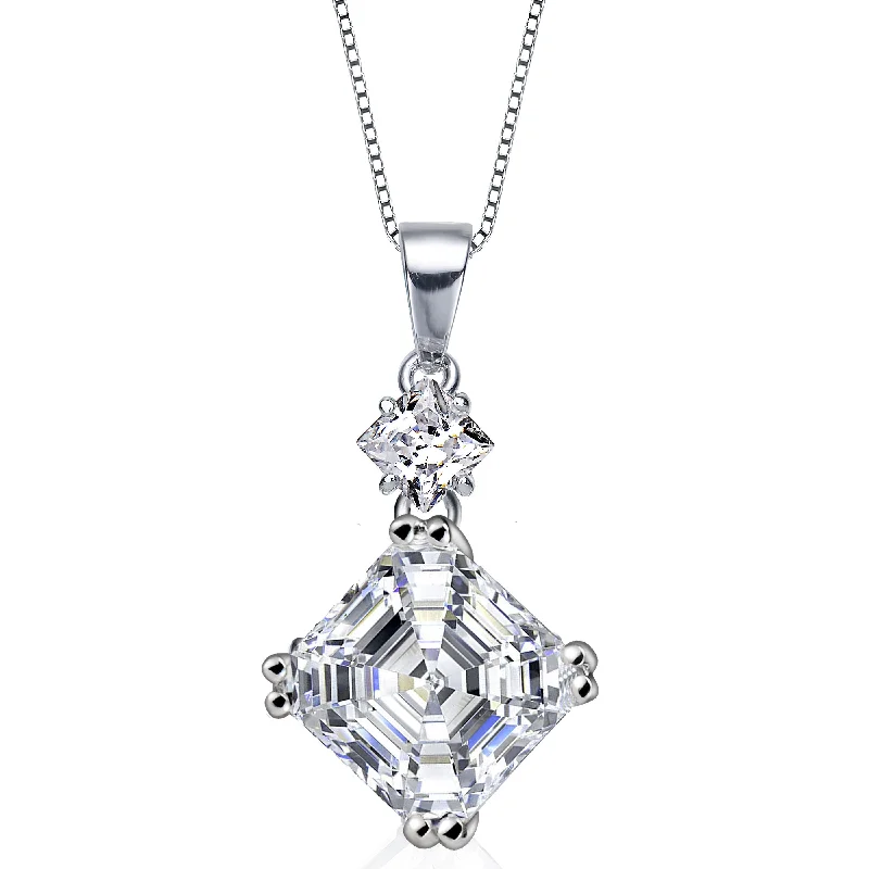 Galaxy sign necklaces-Sterling Silver White Cubic Zirconia Square Asscher-Cut Pendant Necklace