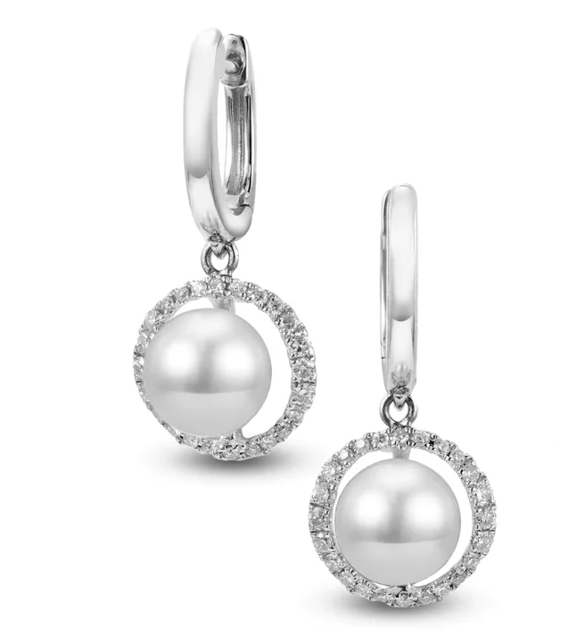 Fine stud earrings-14K White Gold 6.5-7mm Freshwater Pearl & Diamond Hoop Earrings