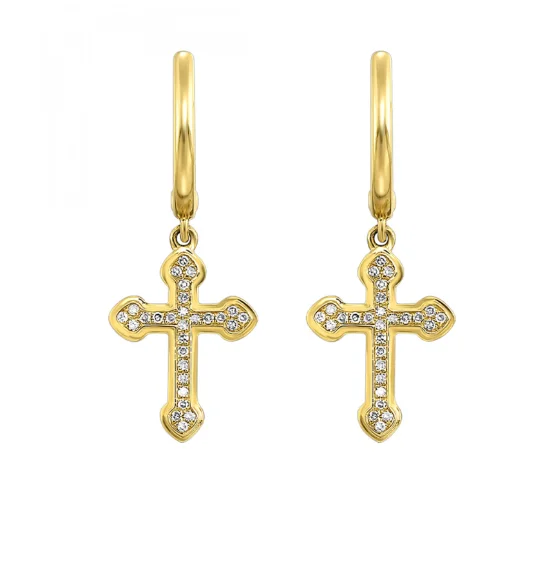 Cotton thread earrings-14K Yellow Gold & 0.05cttw Diamond Cross Earrings