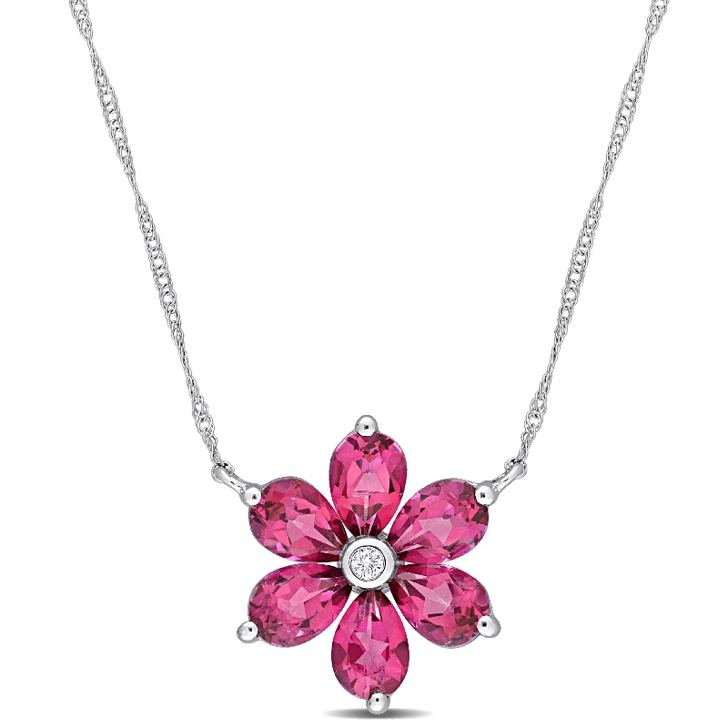 Petal design necklaces-Mimi & Max Womens 3 1/3ct TGW Pear Shape Pink Topaz and Diamond Accent Floral Pendant with Chain in 10k White Gold