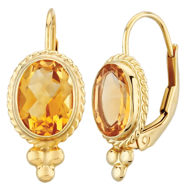 Slim hoop earrings-14K Yellow Gold, Oval Citrine Leverback Earrings with Twisted Wire Borders